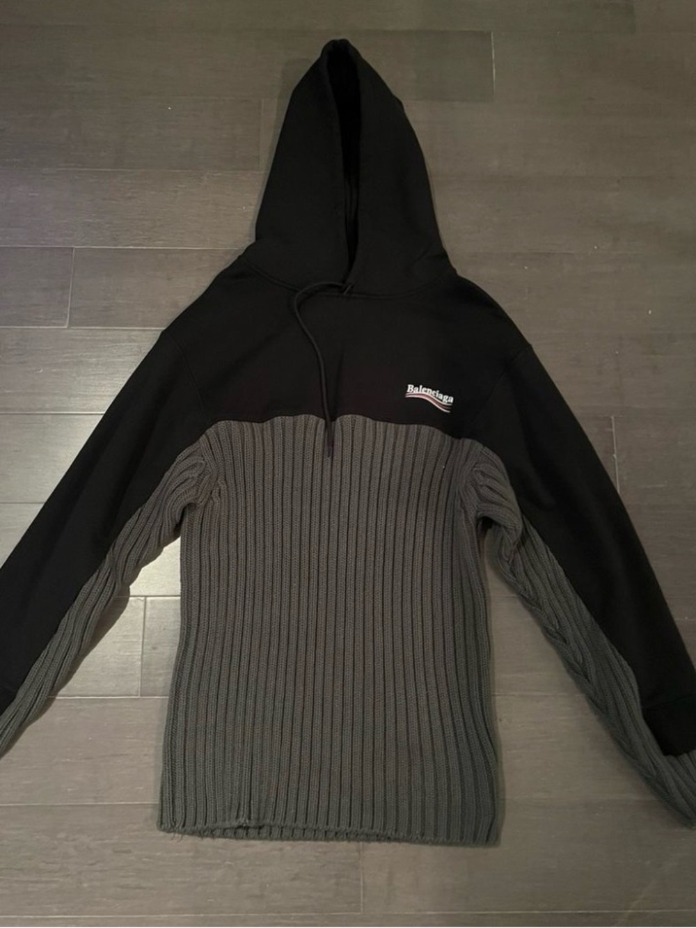 Balenciaga Political Black and Gray Two-Tone Knit Hoodie New With Tags